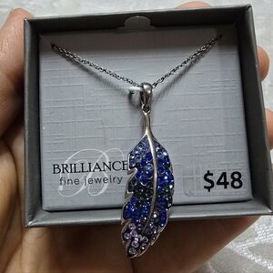 Sterling Silver Crystals Leaf Pendant Necklace Feather Bohochic Whimsical Bloom